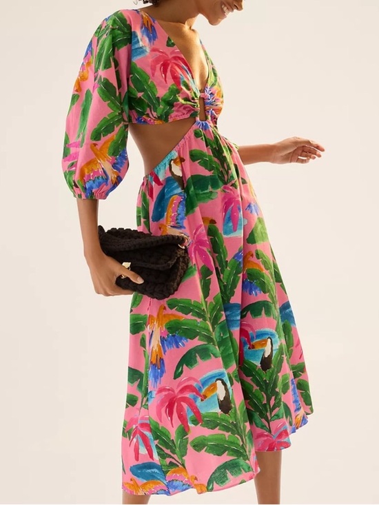 FARM Rio Dresses & Skirts - FARM Rio x Anthropologie Tropical Print V-Neck Cutout Midi Dress, NWT, Size M